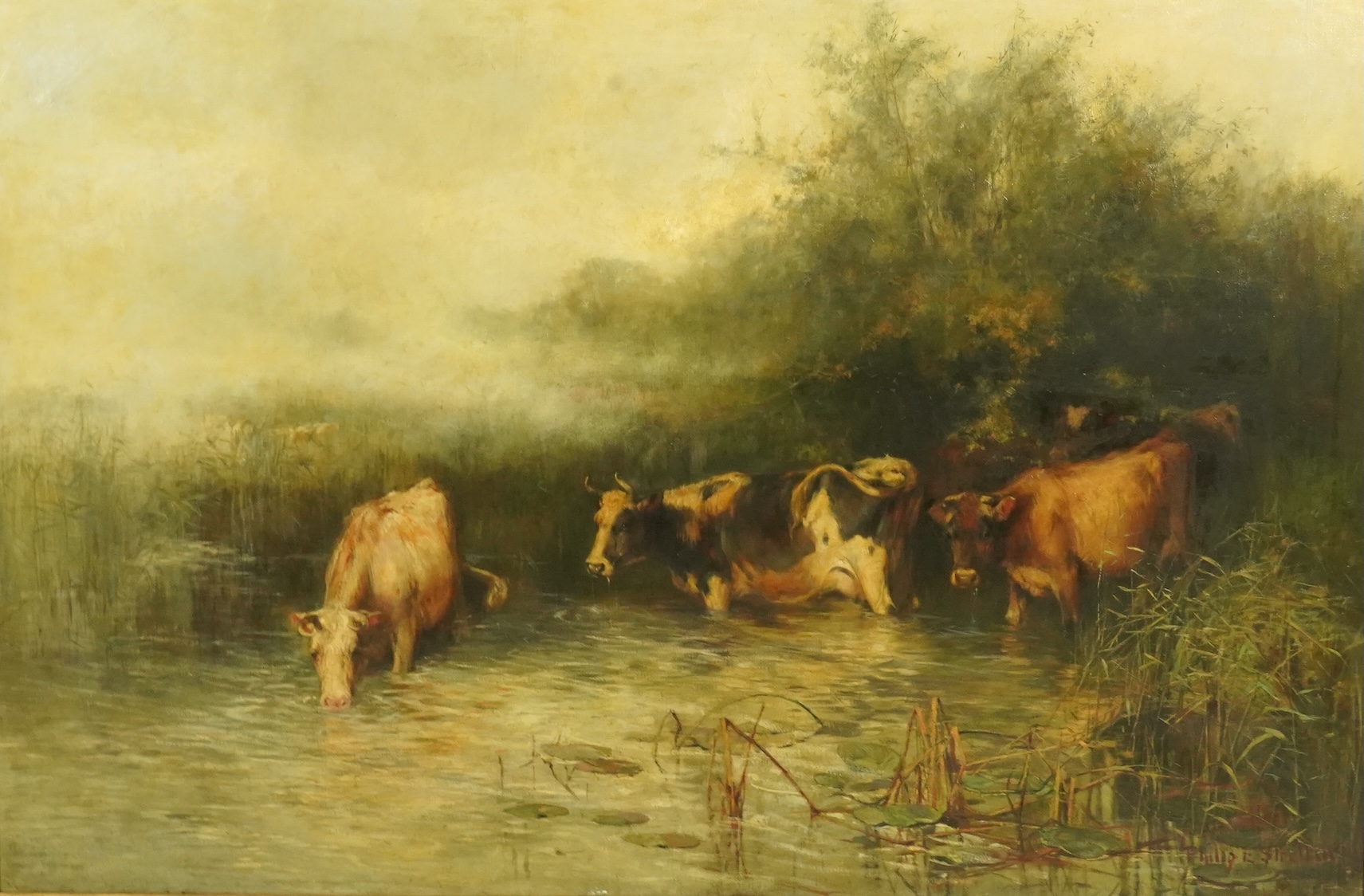 Philip Eustace Stretton (British, 1865-1919), Cattle watering, oil on canvas, 100 x 151cm